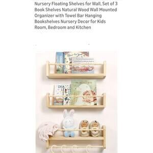 12395 Nursery Floating Shelves for Wall Set of 3 Shelves Natural Wood Wall Mount